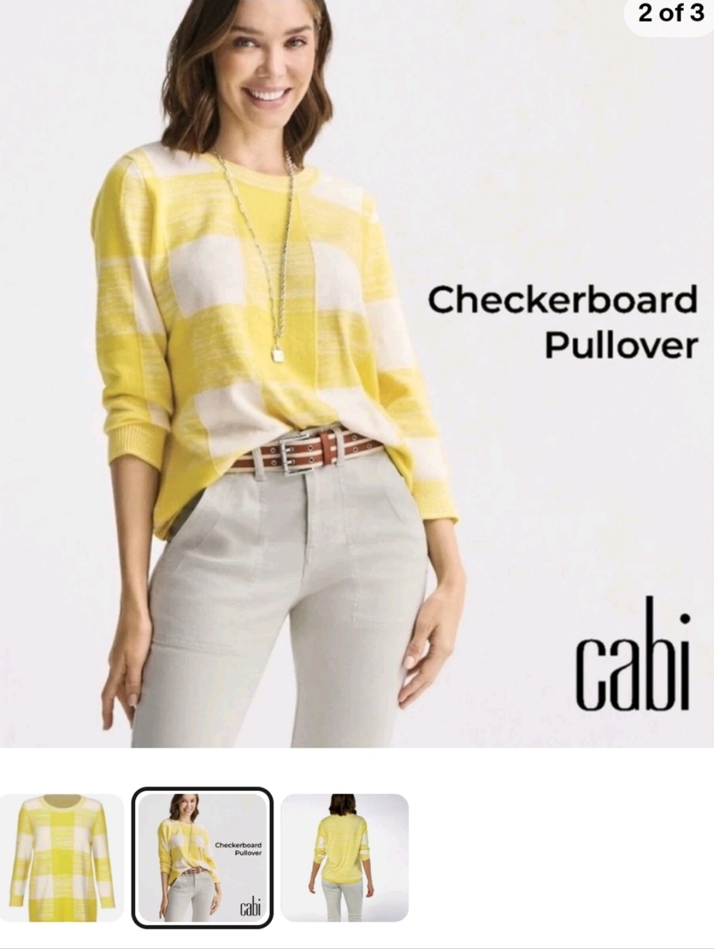 CAbi Yellow and Cream Checkerboard Crew Sweater Size Large #6236